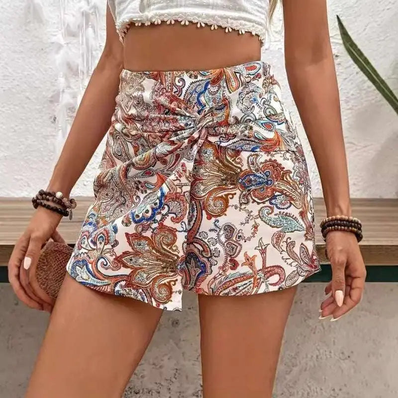 Paisley Print Knot Shorts High Waist Fake Two-piece Skirt