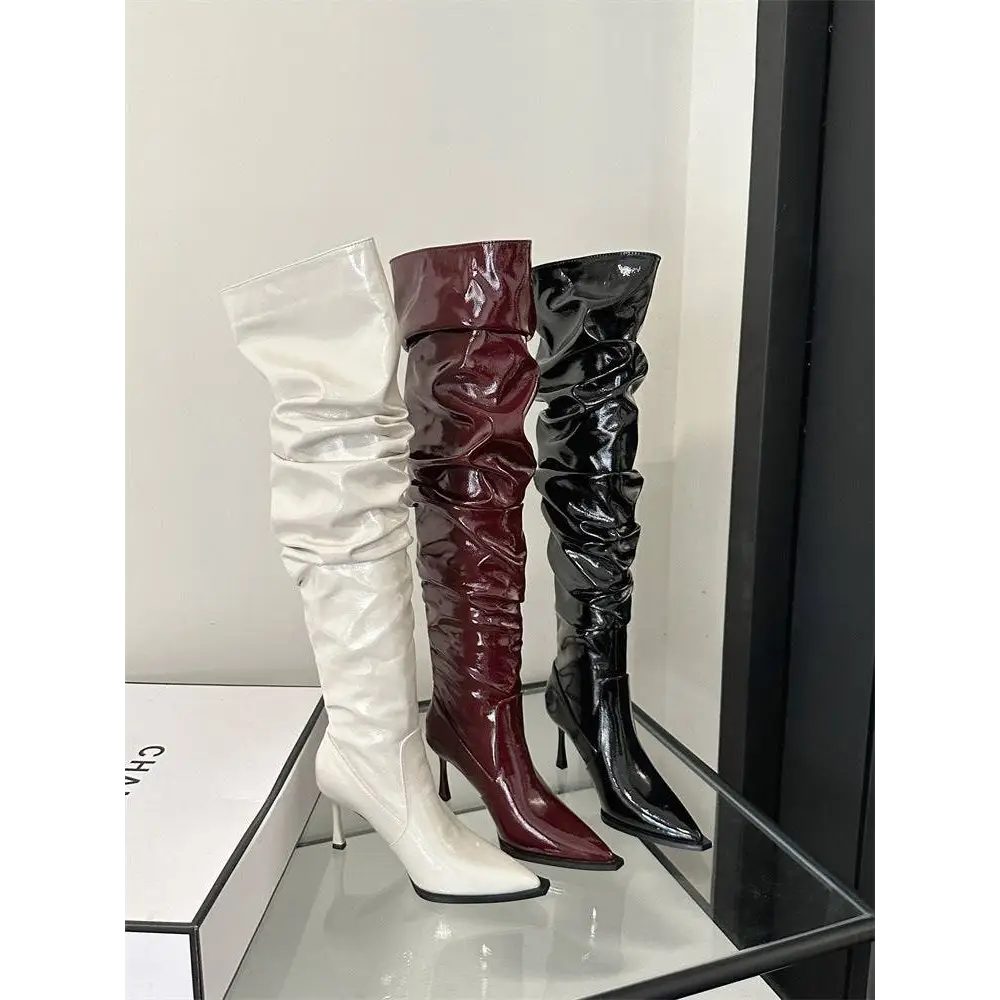 Patent Stiletto Heel Pile Style Thigh High Boots