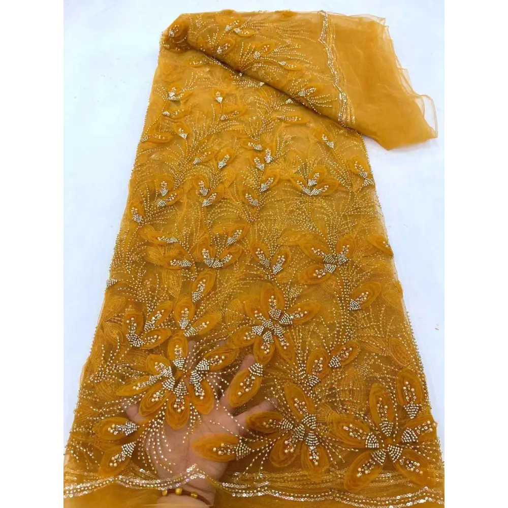 Peach Ribbon Flower Beaded Tulle Lace Fabric