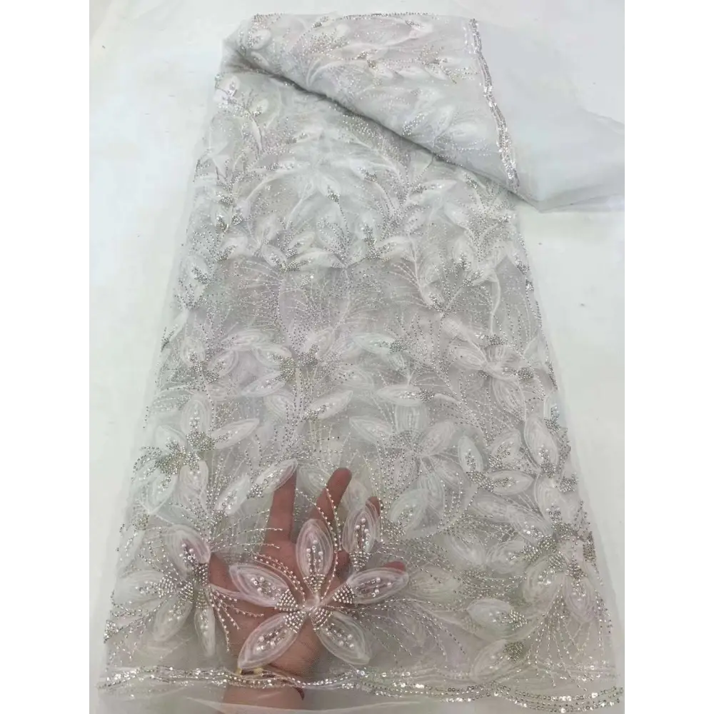 Peach Ribbon Flower Beaded Tulle Lace Fabric