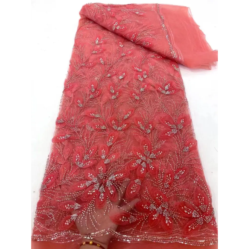 Peach Ribbon Flower Beaded Tulle Lace Fabric