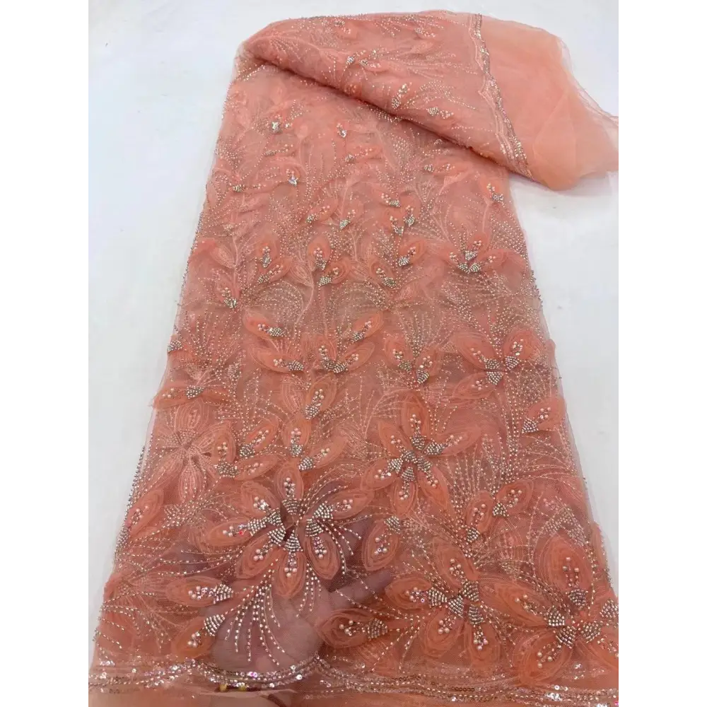 Peach Ribbon Flower Beaded Tulle Lace Fabric
