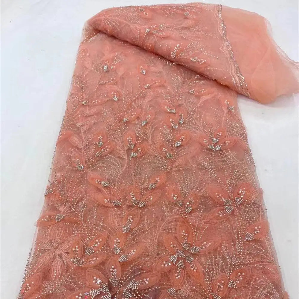 Peach Ribbon Flower Beaded Tulle Lace Fabric