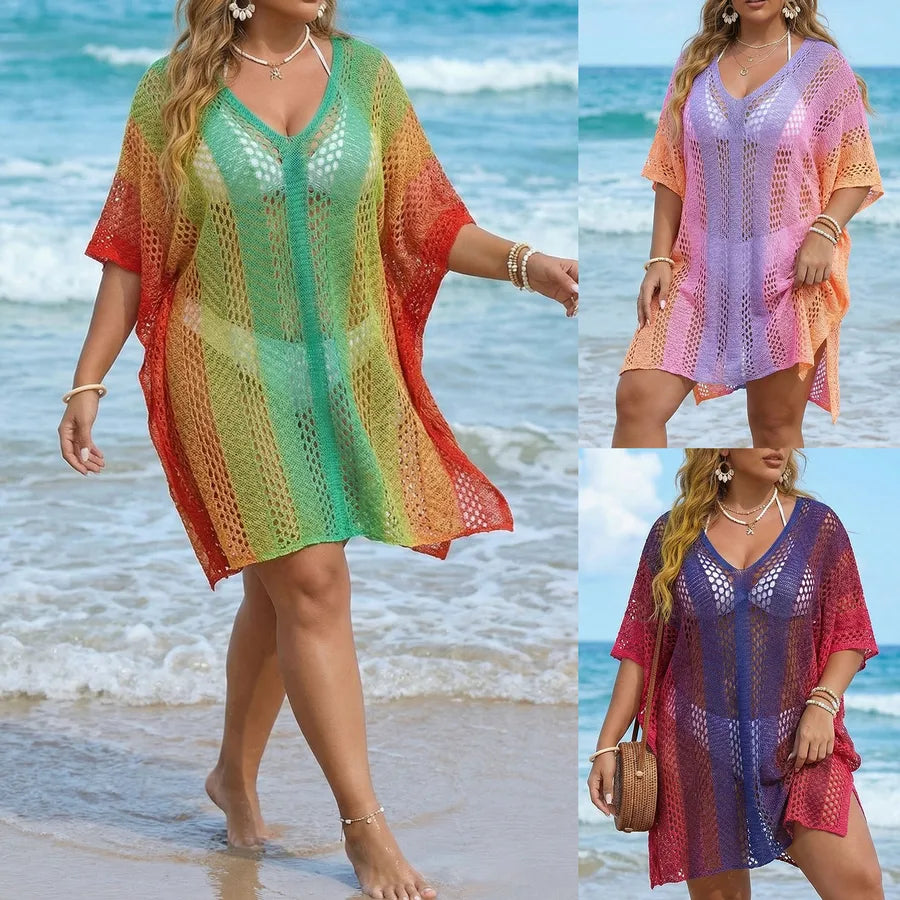 Three images of a woman wearing colorful crochet cover-ups on a beach.