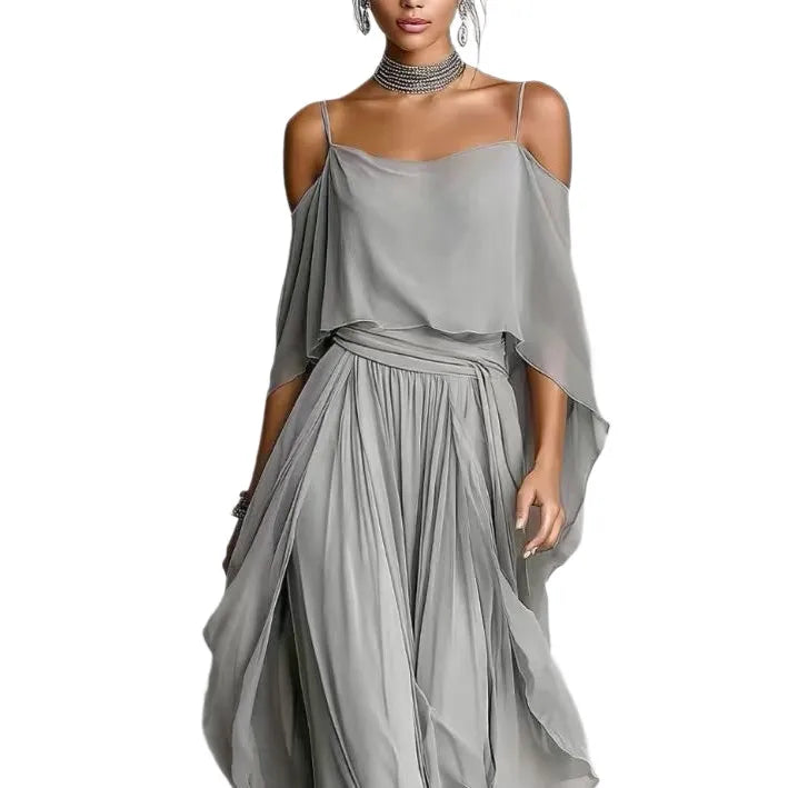 Elegant gray chiffon two-piece co-ord set featuring an asymmetrical cold-shoulder camisole top with flowing cape sleeves and wide-leg pants for women.
