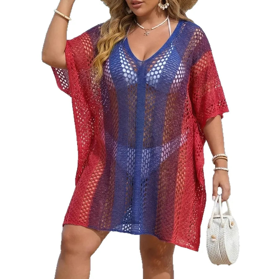 Woman wearing a red and blue mesh cover-up dress on a white background