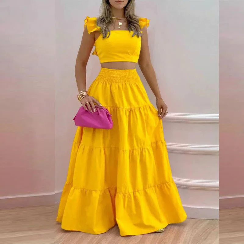 Yellow Women's Two Piece Skirt Set, Ruffle Sleeve Crop Top & High Waist Tiered Maxi Skirt Co-Ord Set, Summer Vacation Outfit, Resort Wear, Beach Outfit, Boho Matching Set, Casual Fashion Ensemble, Polyester Outfit for Women