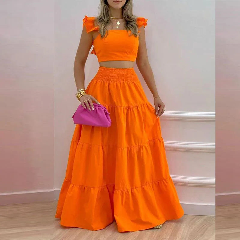 Orange ruffle sleeve crop top and tiered maxi skirt matching set for women, bright orange two-piece co-ord outfit, sleeveless square neck polyester summer vacation, resort wear, beach, brunch, party, casual fashion outfit