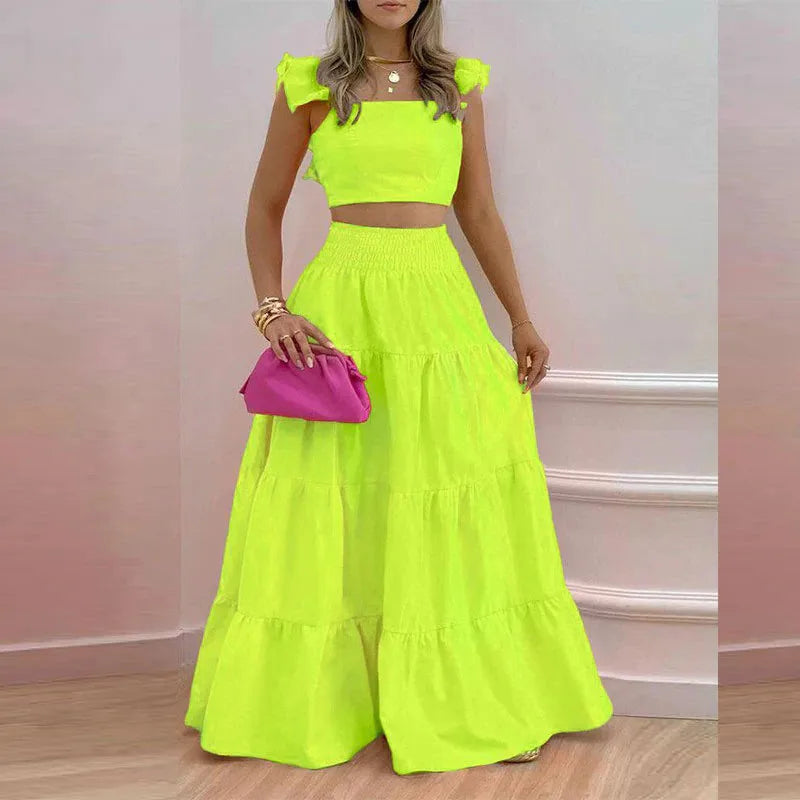 Neon Yellow Women's Two Piece Skirt Set, Ruffle Sleeve Crop Top & High Waist Tiered Maxi Skirt, Bright Summer Vacation Outfit, Beach Resort Fashion, Trendy Matching Co-Ord Set