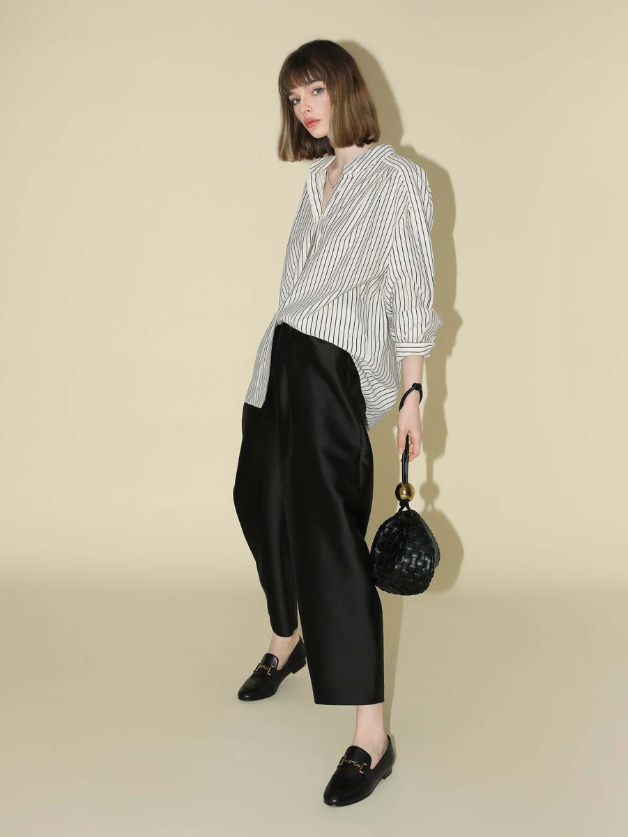 Pin Tuck Stripe Collared Long Sleeve Shirt-1