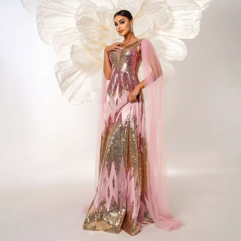 Pink and Gold Mesh Long Sleeve Sequins Large Swing Dress