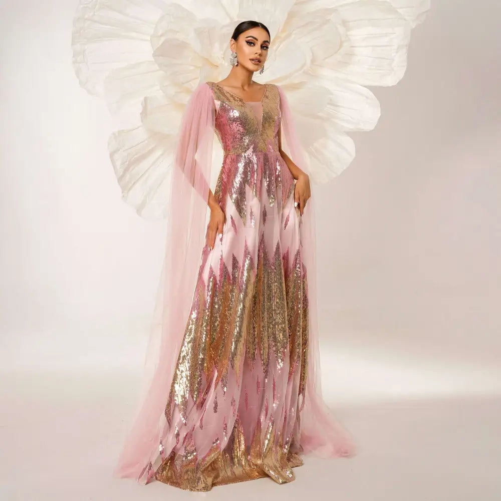 Pink and Gold Mesh Long Sleeve Sequins Large Swing Dress