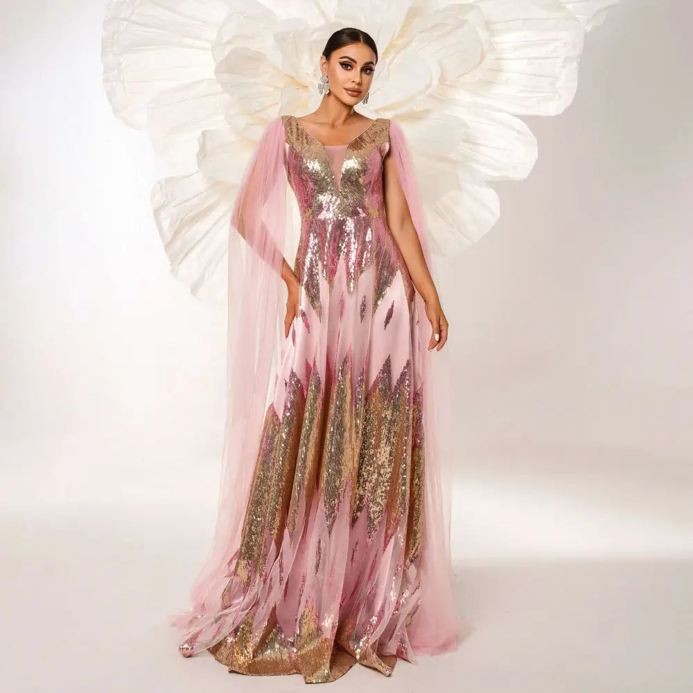 Pink and Gold Mesh Long Sleeve Sequins Large Swing Dress