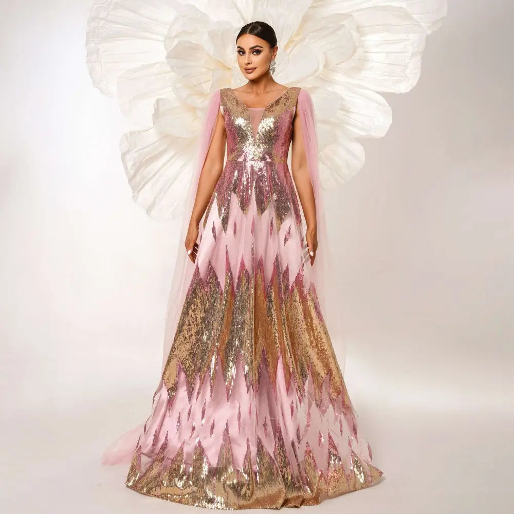 Pink and Gold Mesh Long Sleeve Sequins Large Swing Dress
