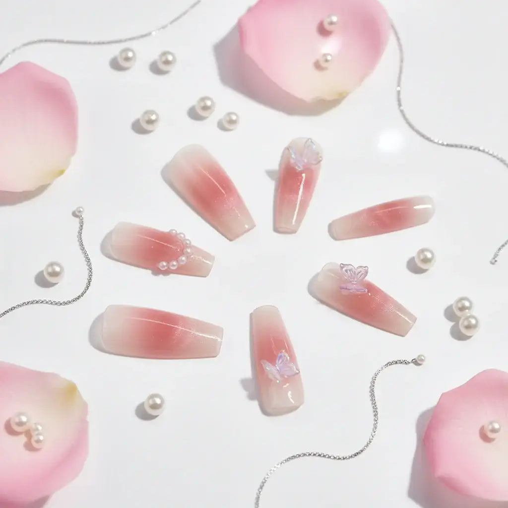 Pink butterfly press on nails for wedding-4