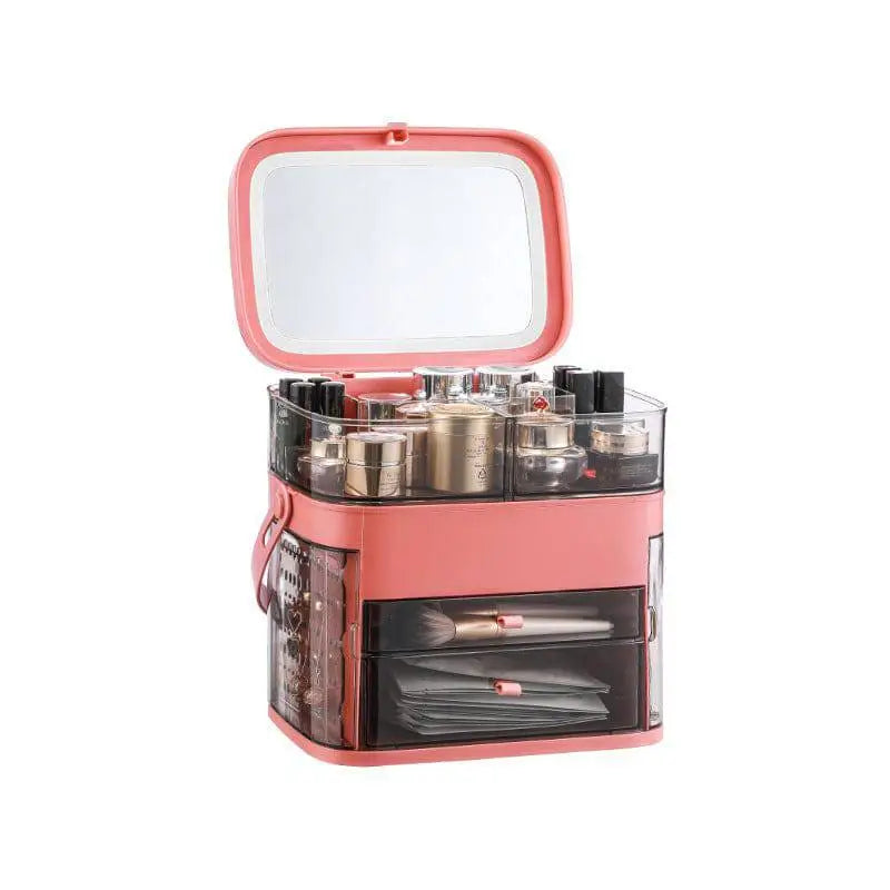 Pink Cosmetic Storage Box with Mirror and Compartments