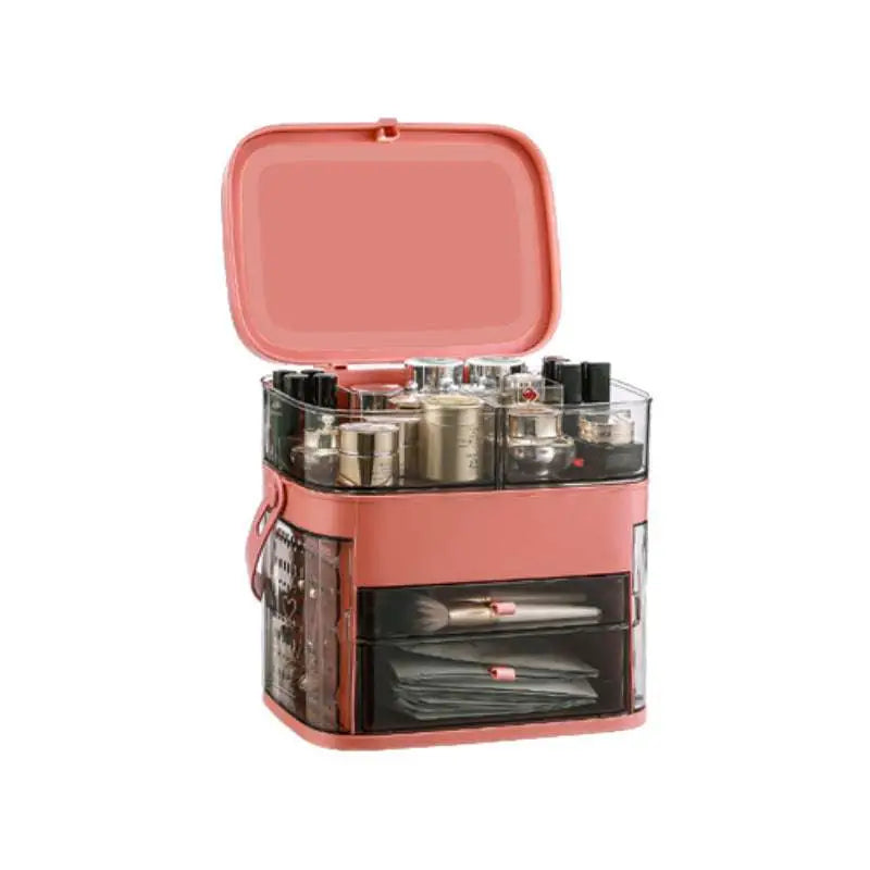 Pink Cosmetic Storage Box with Mirror and Compartments
