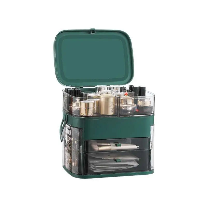 Pink Cosmetic Storage Box with Mirror and Compartments