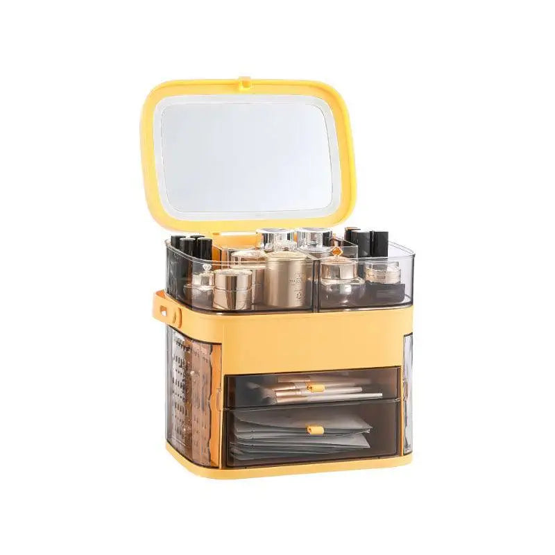 Pink Cosmetic Storage Box with Mirror and Compartments