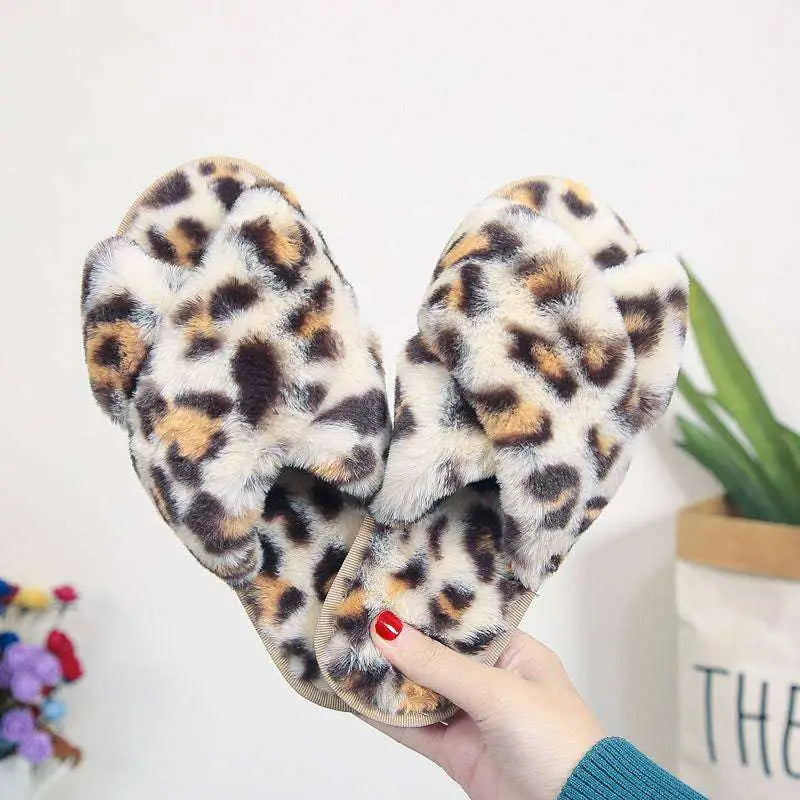 Pink Cross Strap Fuzzy Slippers Leopard Plush House Shoes