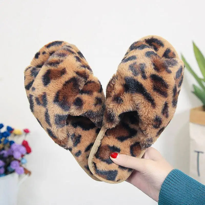 Pink Cross Strap Fuzzy Slippers Leopard Plush House Shoes