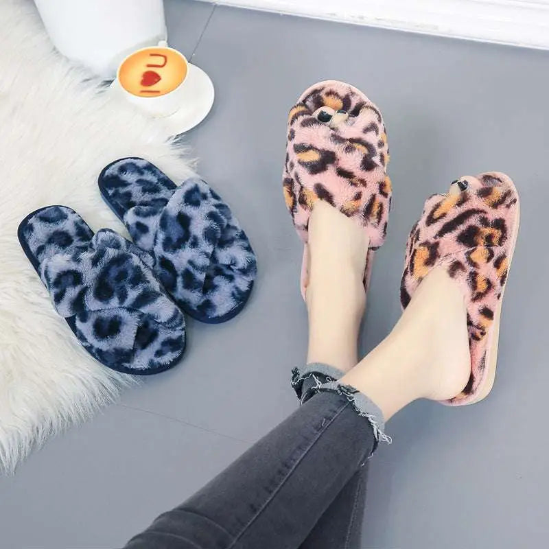 Pink Cross Strap Fuzzy Slippers Leopard Plush House Shoes