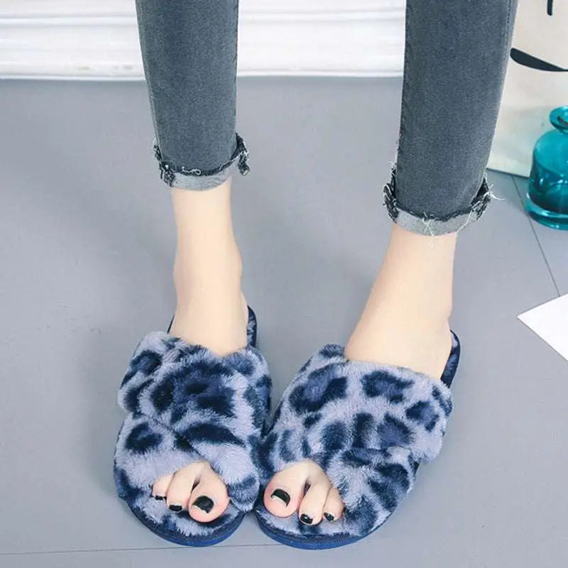 Pink Cross Strap Fuzzy Slippers Leopard Plush House Shoes