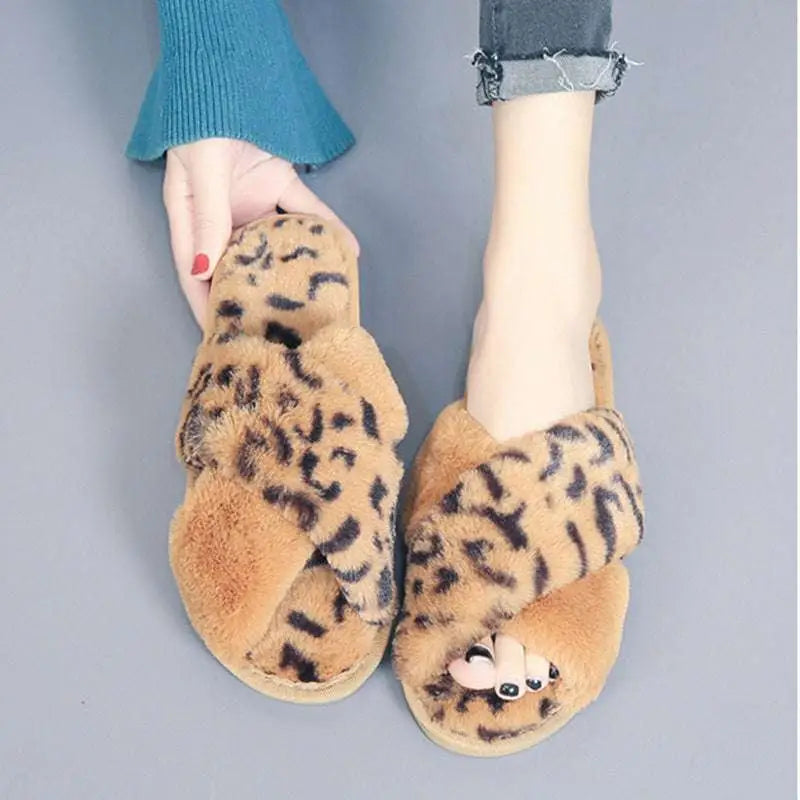 Pink Cross Strap Fuzzy Slippers Leopard Plush House Shoes