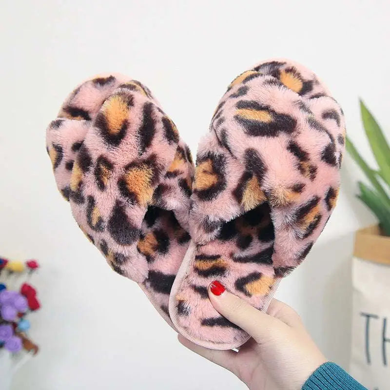 Pink Cross Strap Fuzzy Slippers Leopard Plush House Shoes