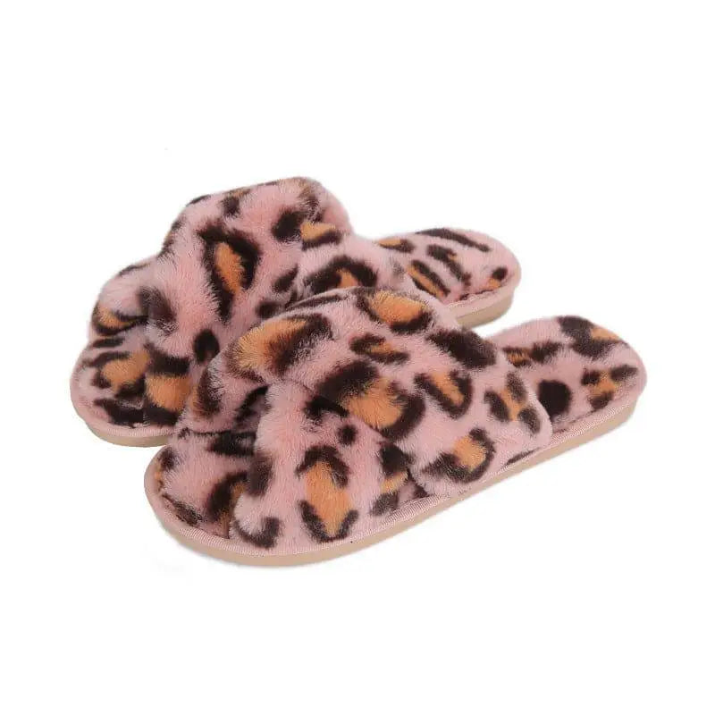 Pink Cross Strap Fuzzy Slippers Leopard Plush House Shoes