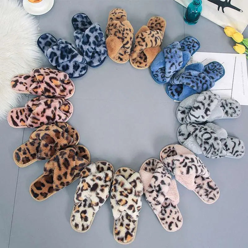 Pink Cross Strap Fuzzy Slippers Leopard Plush House Shoes