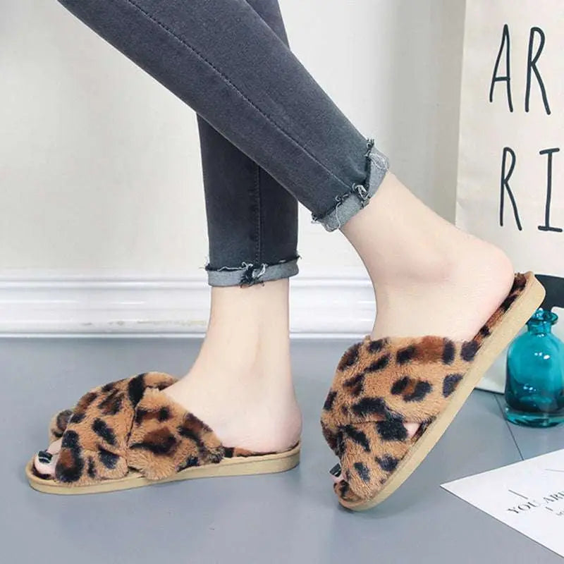 Pink Cross Strap Fuzzy Slippers Leopard Plush House Shoes