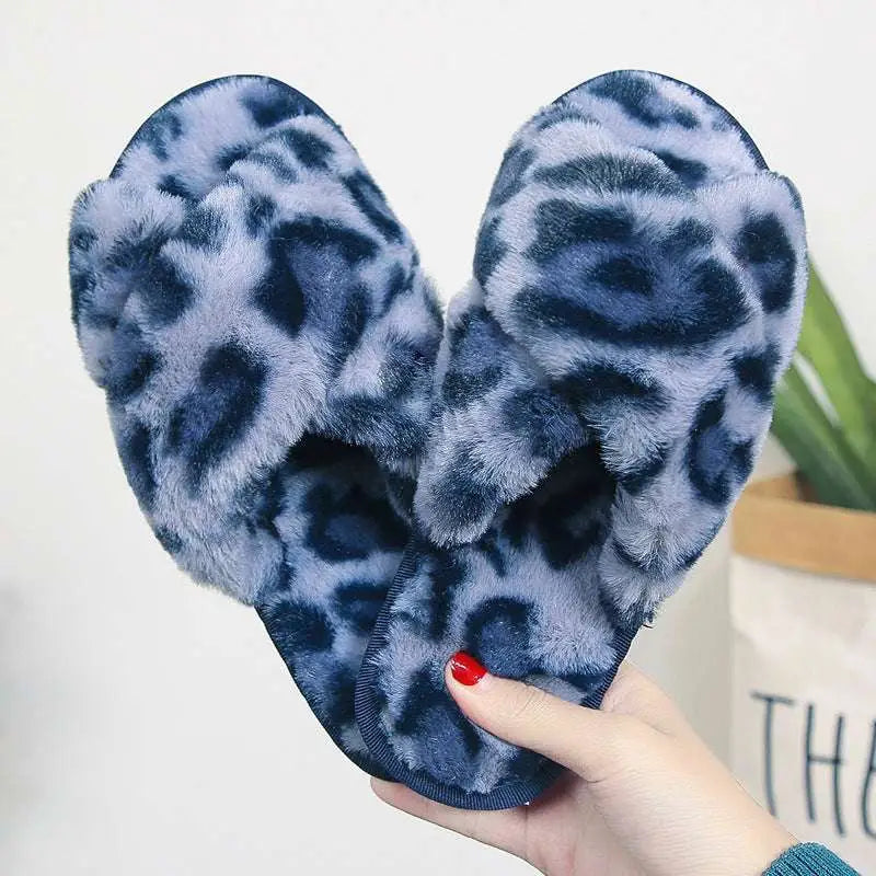 Pink Cross Strap Fuzzy Slippers Leopard Plush House Shoes