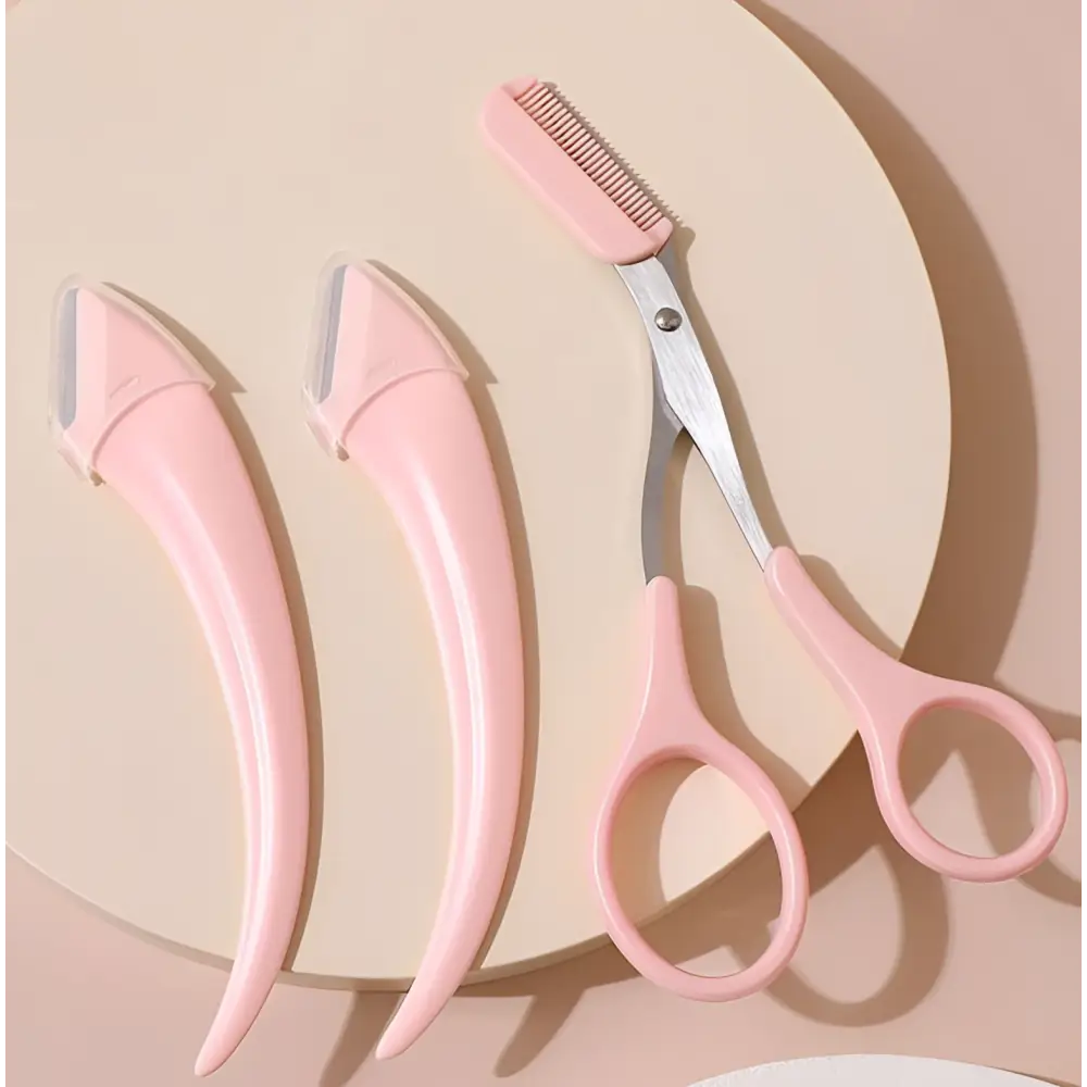 Pink Eyebrow Trimming Knife and Scissors Set