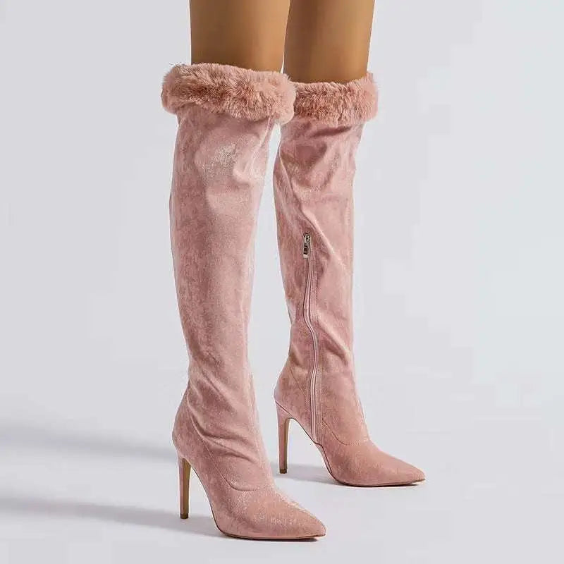 Pink Faux Fur Pointed Stiletto Heel High Boots