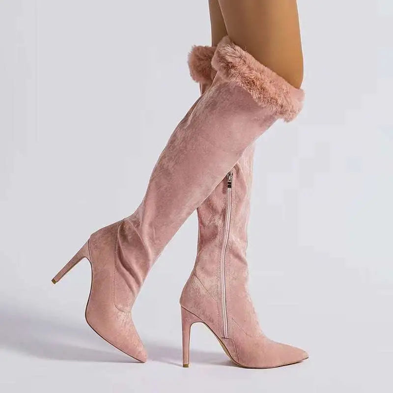 Pink Faux Fur Pointed Stiletto Heel High Boots