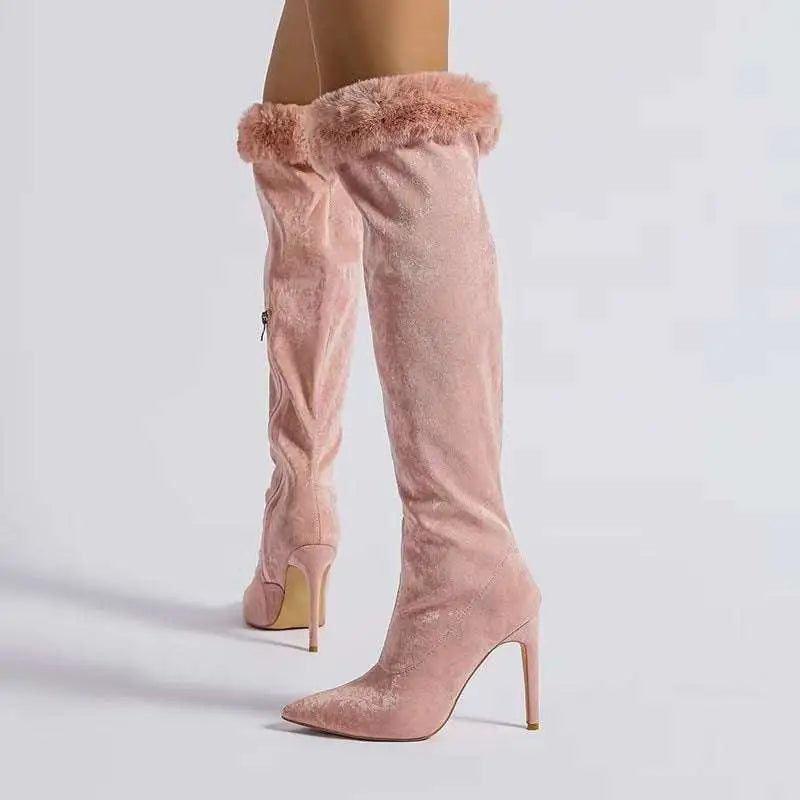 Pink Faux Fur Pointed Stiletto Heel High Boots