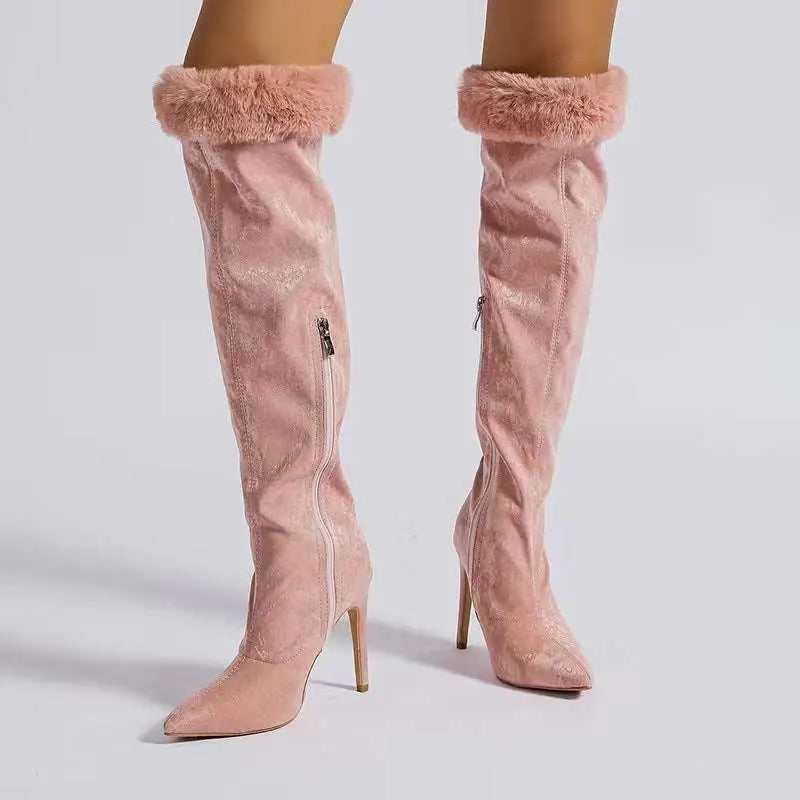 Pink Faux Fur Pointed Stiletto Heel High Boots