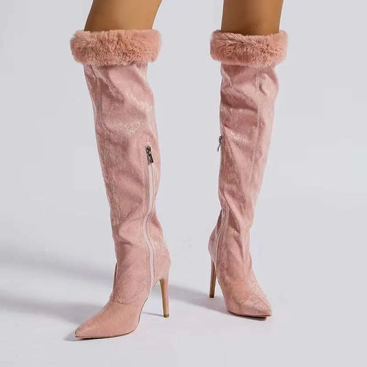 Pink Faux Fur Pointed Stiletto Heel High Boots