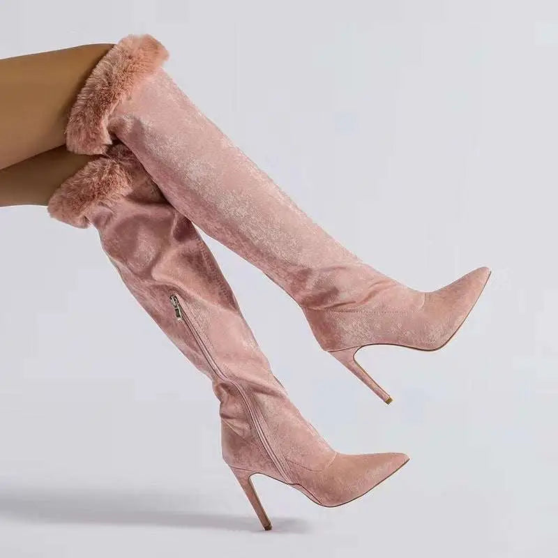 Pink Faux Fur Pointed Stiletto Heel High Boots