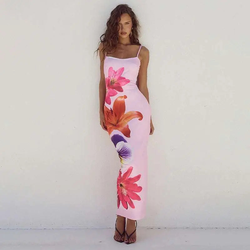 Pink Floral American Style Flower Strap Dress