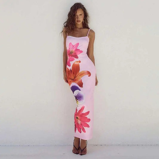 Pink Floral American Style Flower Strap Dress