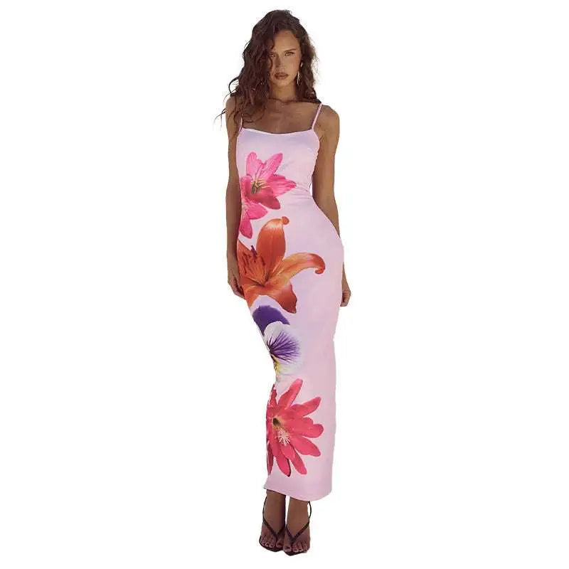 Pink Floral American Style Flower Strap Dress