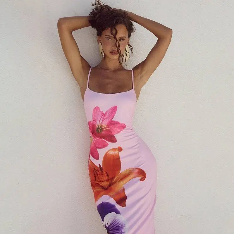Pink Floral American Style Flower Strap Dress