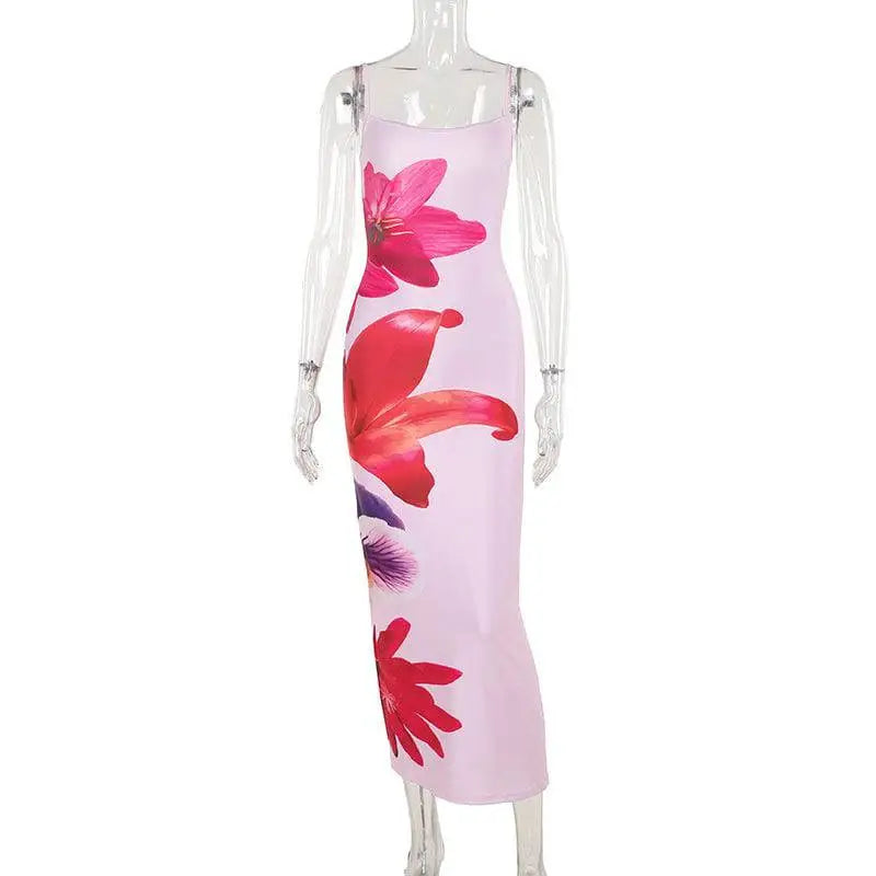 Pink Floral American Style Flower Strap Dress