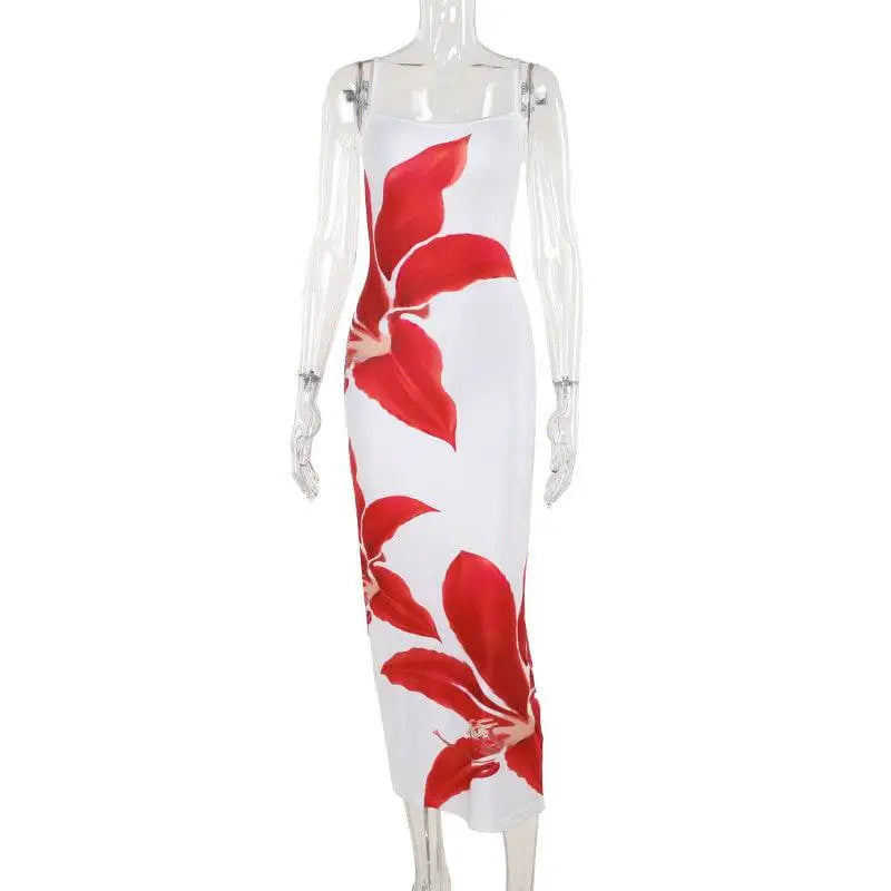 Pink Floral American Style Flower Strap Dress