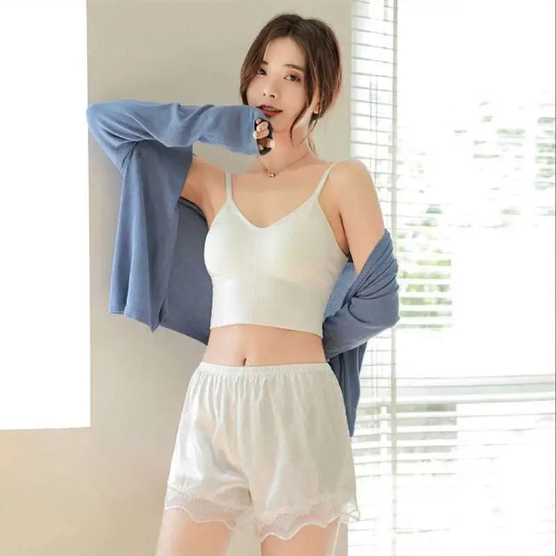 Pink Ice Silk Seamless Lace Trim Shorts
