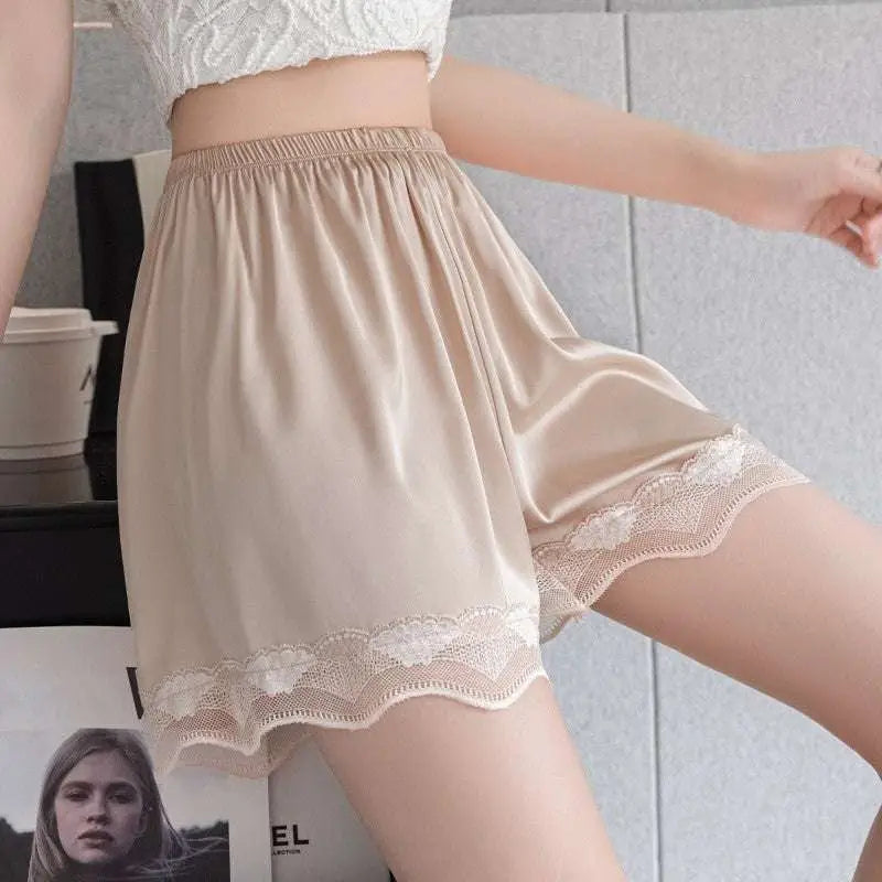 Pink Ice Silk Seamless Lace Trim Shorts