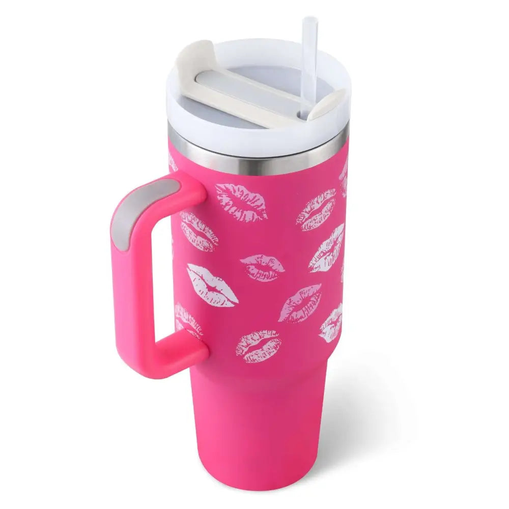 Pink Kiss Stainless Steel Handle Straw Insulated Tumbler