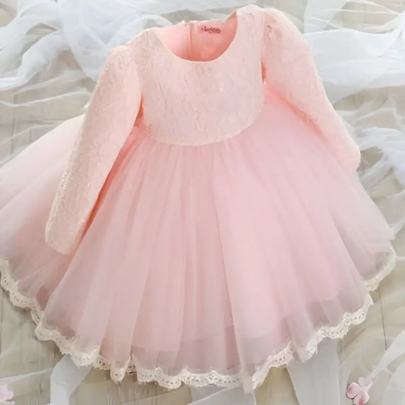 Pink Lace Princess Dress Girls Long Sleeve Tulle
